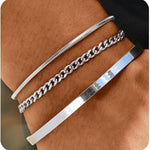Flag Village Stackable Cuff Stainless Steel Bracelet 3 Pieces Layered Bangle Snake Box Chain Cuban Link Chain Bracelet Set