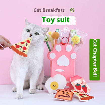 Flag Village Felt Toy Built-in Catnip Bell Pizza Toast Relieving Stuffy Smell Cat Teaser Storage Box Set Gift