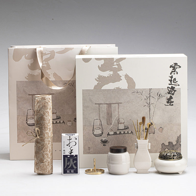 Flag Village Chinese Style Grass And Wood Gray Censer Set Incense Burner Pure Copper Gift Box Tea Ceremony Utensils Ceramic Incense Burner