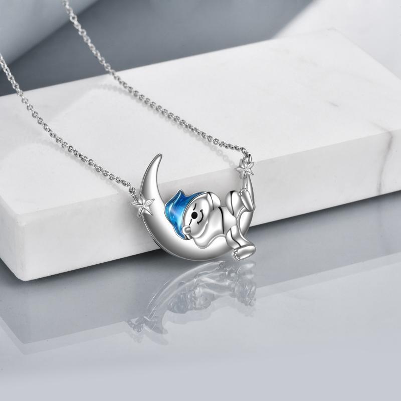 Flag Village Sterling Silver Bear Necklace Bear Moon Pendant Cute Animal Jewelry Bear Gifts for Women