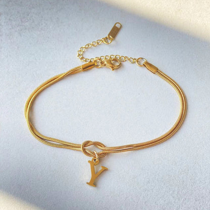 Flag Village New Letter A-Z Love Knot Bracelets For Women Couple Gold Color Dainty Snake Chain Charm Bracelet Stainless Steel Jewelry Gift Valentine's Day Gifts