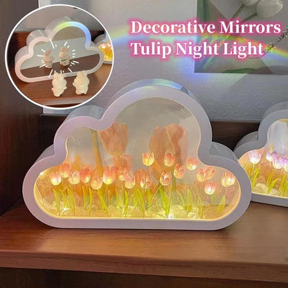 Flag Village Tulip Night Lamp DIY Material Cloud Tulips Night Lamp Decorative Mirrors Photo Frame LED Table Lights Korean Creative Desk Bedroom Handmade Birthday Gifts