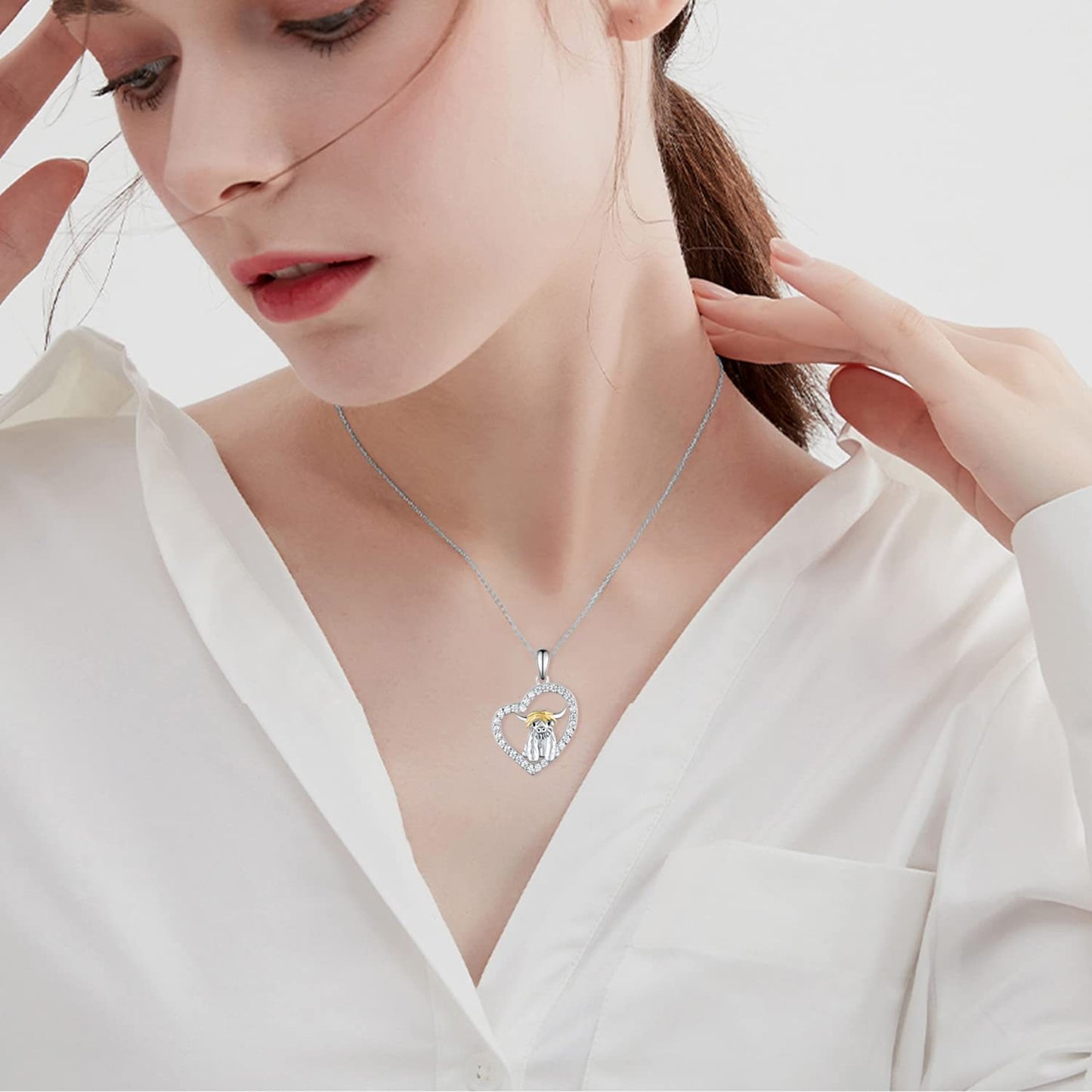 Flag Village Highland Cow Necklace 925 Sterling Silver Heart Animal Necklace Animal Jewelry Gifts for Women Girls Daughter