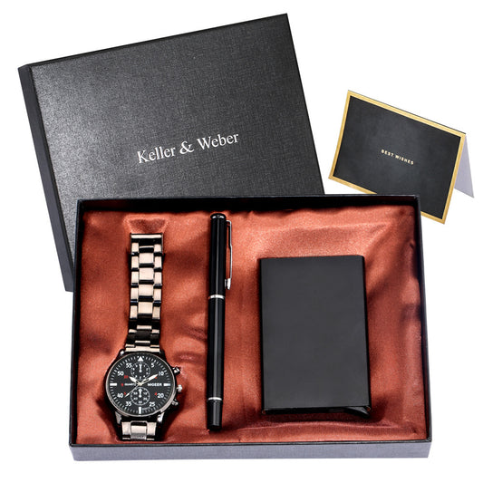 Flag Village Men's Quartz Watch Credit Card Case Gel Pen Set Fashion Gift Set Box