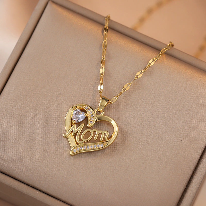 Flag Village Mother's Day Jewelry High Grade Zircon Heart Flower Pendant Necklace Stainless Steel Trendy Geometric Choker Jewelry Party Gifts For Women Girls