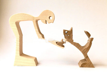 Flag Village DIY Figurine Wood Dog Ornament Sculpture Home Decoration A Man A Dog Wood Sculpture Christmas Gifts Model Decor