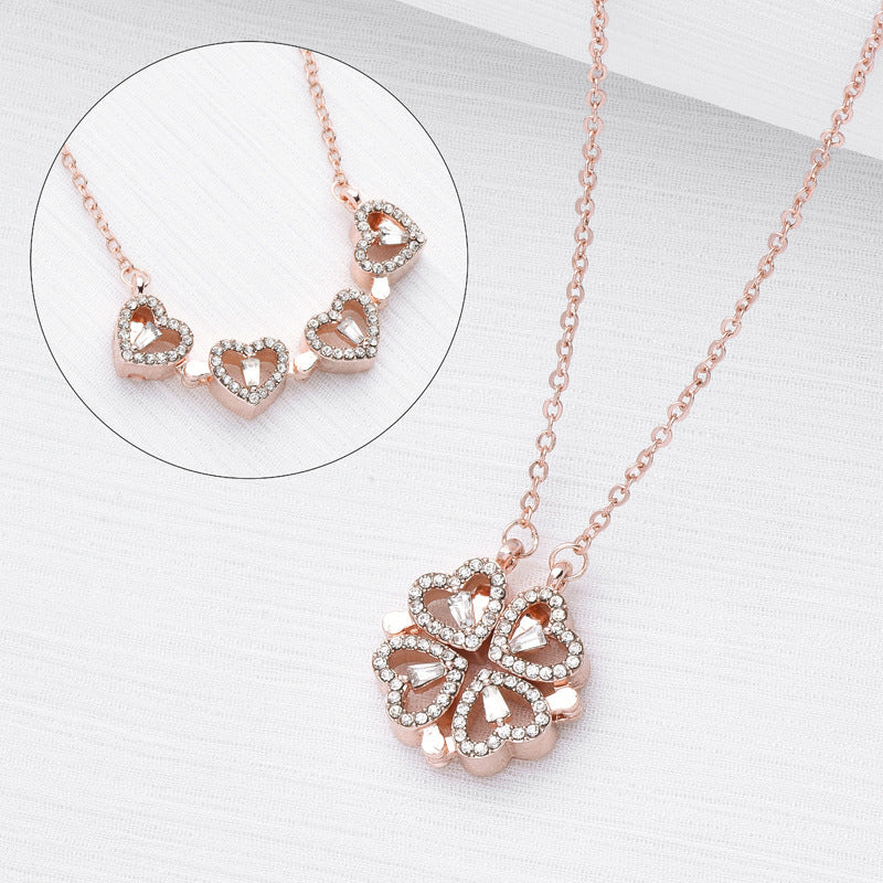 Flag Village Retro Magnetic Folding Heart Shaped Four Leaf Clover Pendant Necklace Women Love Clavicle Chain Gifts Openable Choker Jewelry