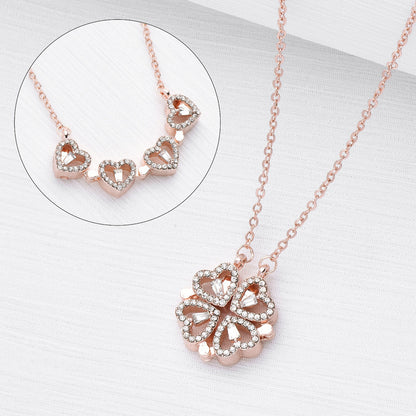 Flag Village Retro Magnetic Folding Heart Shaped Four Leaf Clover Pendant Necklace Women Love Clavicle Chain Gifts Openable Choker Jewelry