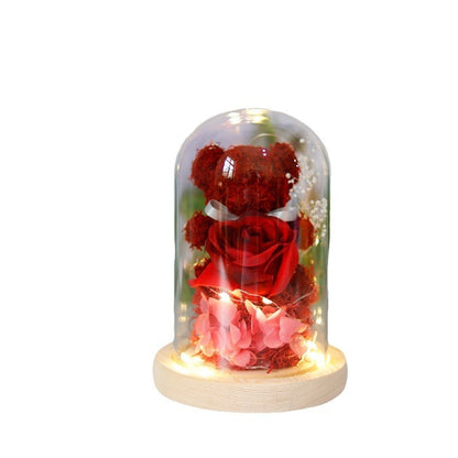 Flag Village Valentine's Day Gift For Girlfriend Eternal Preserved Rose Flower Gift Box Teddy Bear Eternal Flower With Lights Gift For Women Home Decor