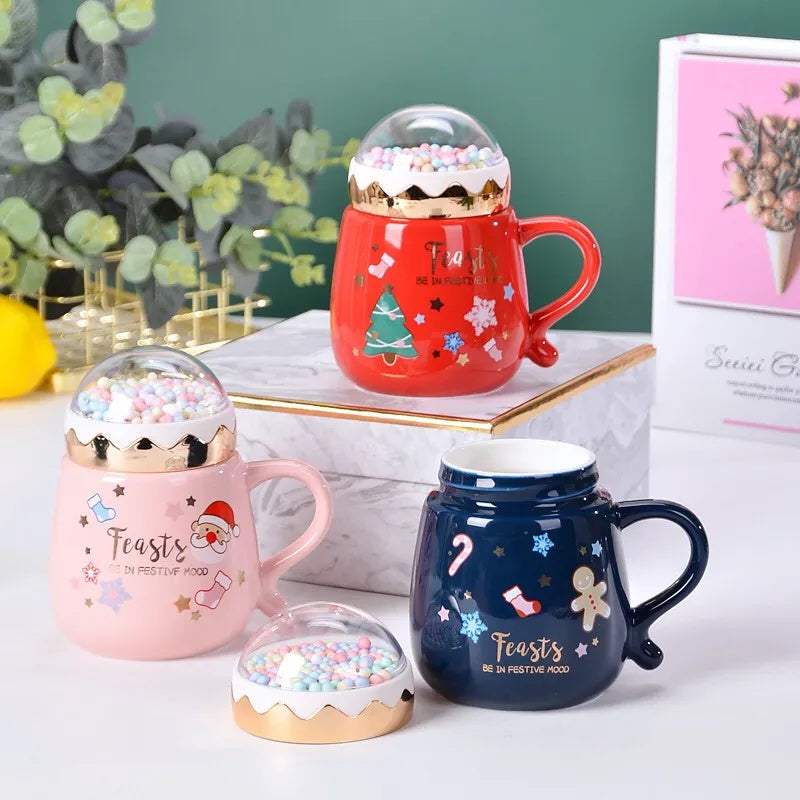 Flag Village Christmas Mugs Set With Lid And Spoon Xmas Gift Box Set Ceramic Cartoon Couples Santa Claus Milk Cocoa Cup For Home Office