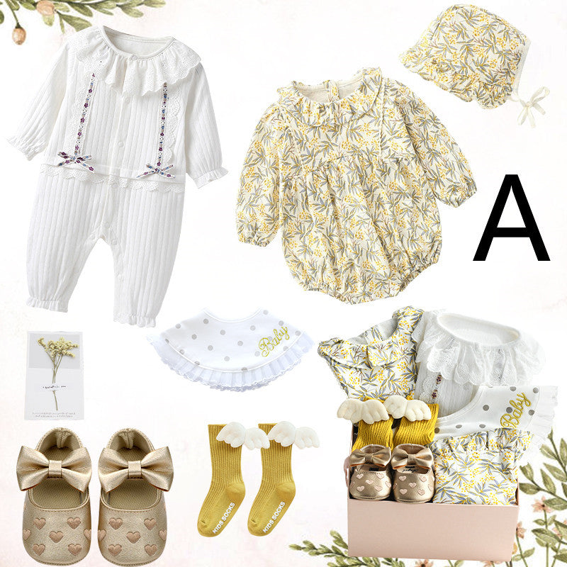 Flag Village Baby Girl Full Moon Gift Box Baby Cotton Romper Suit Princess Dress Clothes