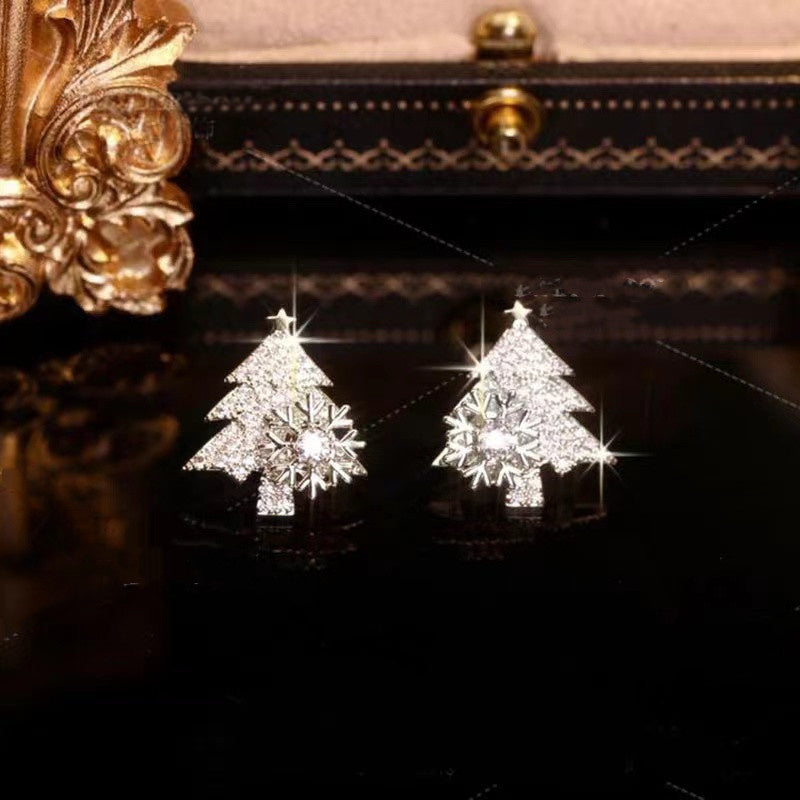 Flag Village Rotatable Christmas Tree Earrings Shiny Rhinestone Snowflake Stud Earring New Year Xmas Festival Ear Jewelry Gifts Autumn And Winter