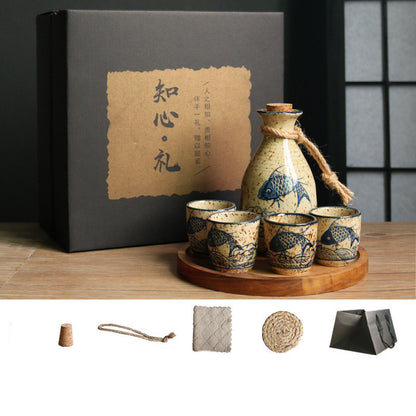 Flag Village Japanese Retro Sake Wine Warmer Gift Box Set Hot Wine Shochu Pot Ceramic Wine Cup White Wine Household Wine Glass
