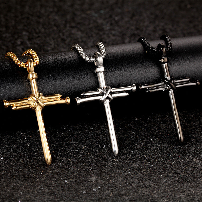 Flag Village Steel Gold Black Color Fashion Mens Iron Nail Cross Pendant Necklace Stainless Steel 3mm Round Box Chain Jewelry Gift For Men