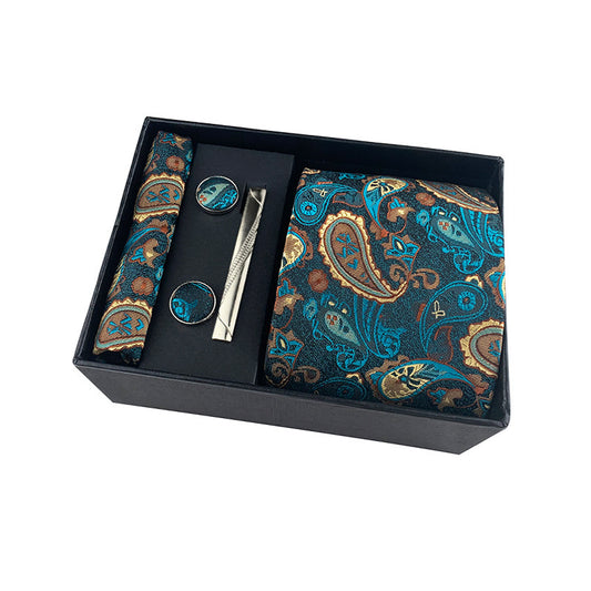 Flag Village Paisley Men's Tie Square Cuff Tie Clip Gift Set Business Casual Tie Black Gift Box