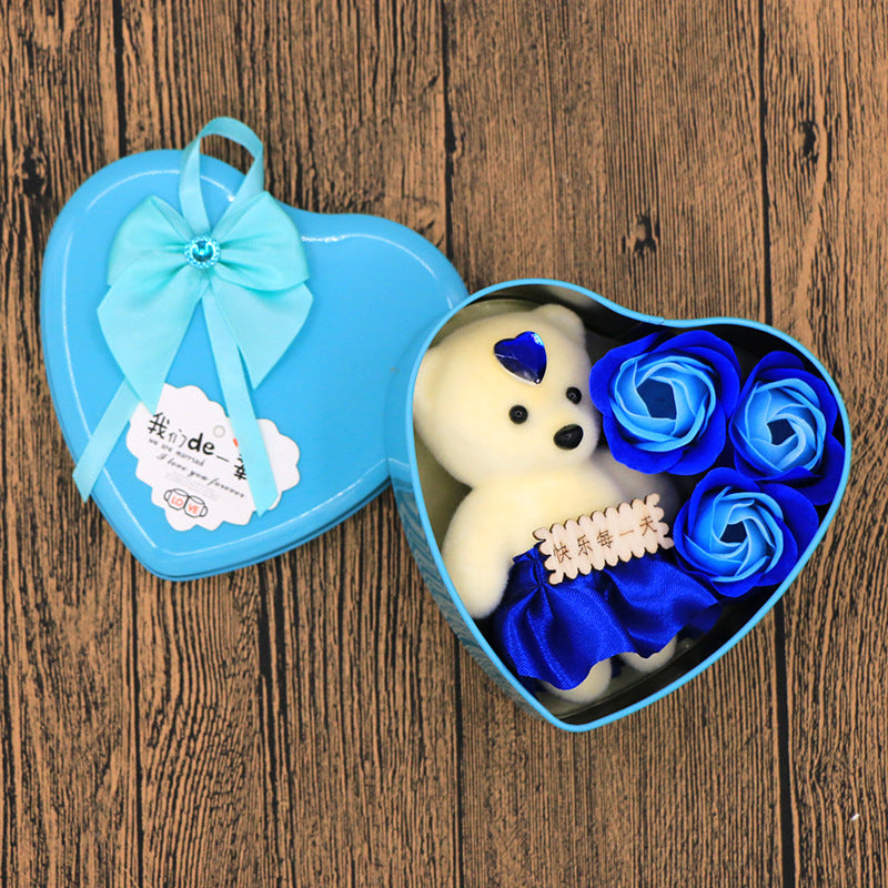 Flag Village Soap Flower Gift Box Valentine's Day Gift Mother's Day Creative Gifts Bear Flower Rose Heart Shaped Tin Box