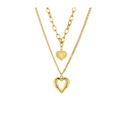 Flag Village Titanium Steel Angel Wings Love Necklace Irregular Folds 2 Heart Love Necklace For Women Charm Party Accessories High-quality Fashion Jewelry Pendant Gifts
