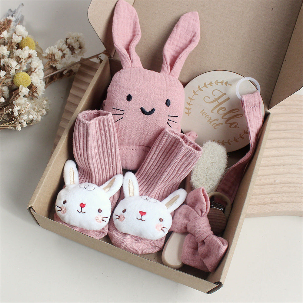 Flag Village Baby Rabbit Lion Appeasing Towel Socks Saliva Towel Wash Gift Box Newborn Bite Ring Hair Band Set