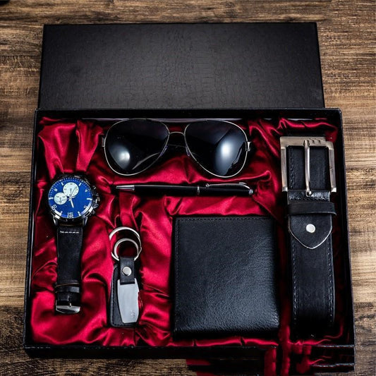 Flag Village Men's Luxury Gift Box Sunglasses Belt Watch Wallet 6 Sets