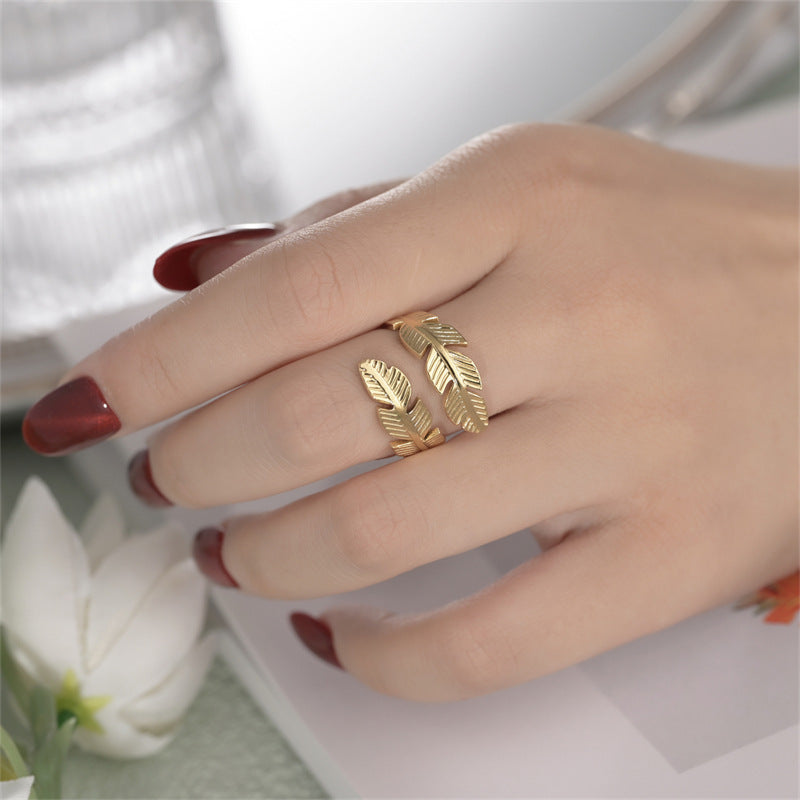 Gift & Souvenir Feather Ring Open Titanium Steel Ring Gold And Silver Color Opening Rings Creative Simple Feather Handmade Party Jewelry Gifts