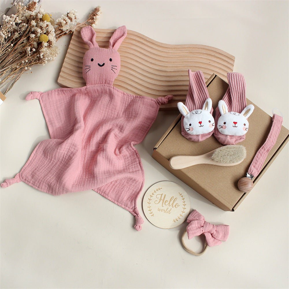 Flag Village Baby Rabbit Lion Appeasing Towel Socks Saliva Towel Wash Gift Box Newborn Bite Ring Hair Band Set