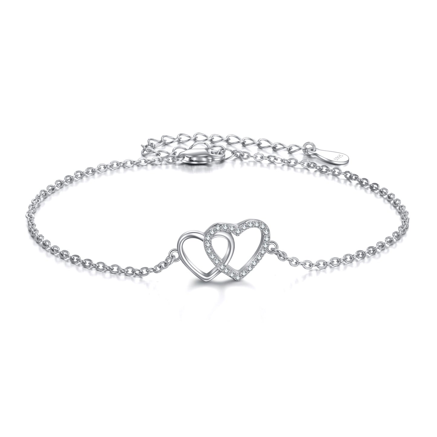 Flag Village Sterling Silver Double Love Heart Bracelet Jewelry Gifts for Women