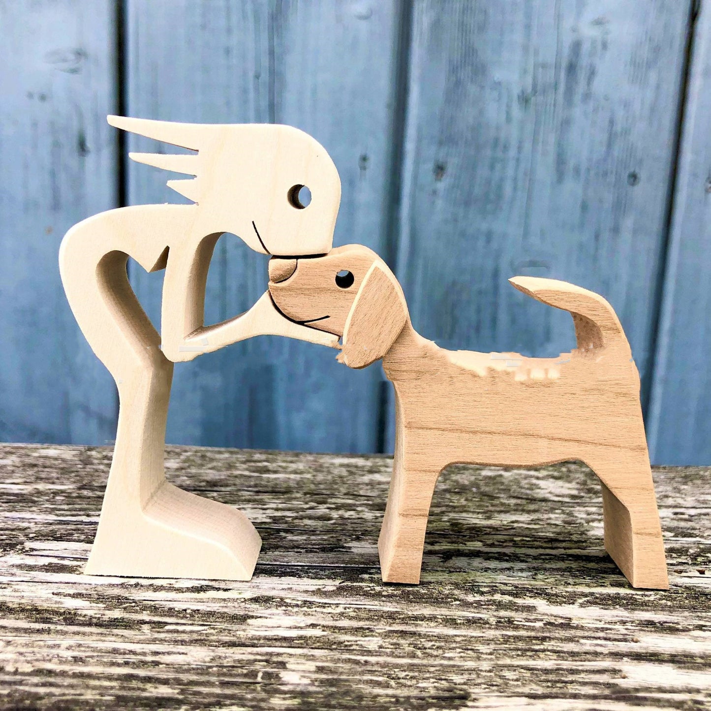 Flag Village DIY Figurine Wood Dog Ornament Sculpture Home Decoration A Man A Dog Wood Sculpture Christmas Gifts Model Decor