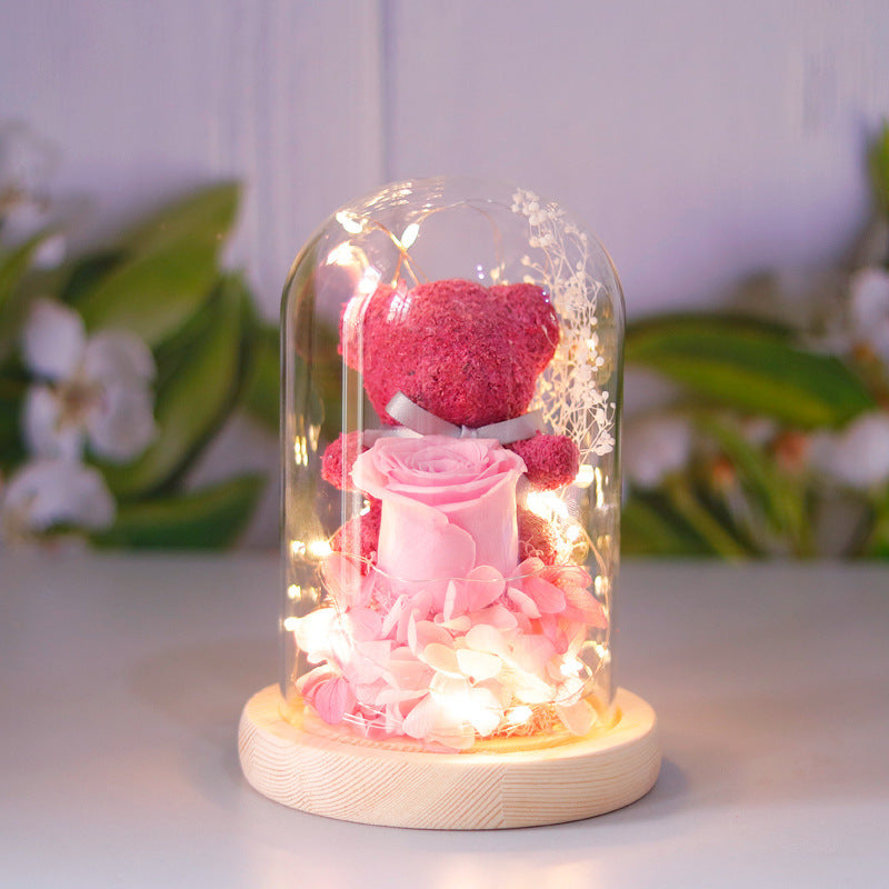 Flag Village Valentine's Day Gift For Girlfriend Eternal Preserved Rose Flower Gift Box Teddy Bear Eternal Flower With Lights Gift For Women Home Decor