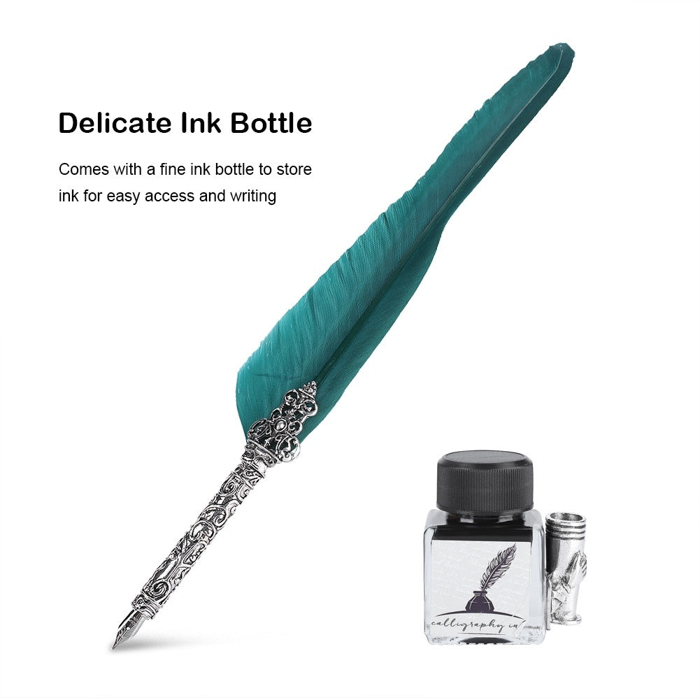 Retro Quill Feather Writing Pen Gift Box with Empty Ink Bottle Quill Set for Teacher Ink Green