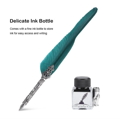 Retro Quill Feather Writing Pen Gift Box with Empty Ink Bottle Quill Set for Teacher Ink Green