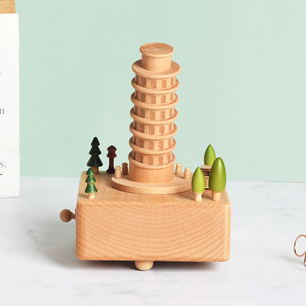 Flag Village Wooden building model music box birthday gift