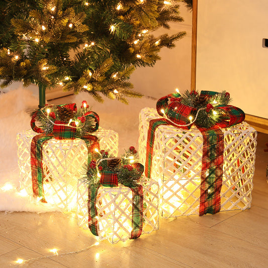 Flag Village Christmas Wrought Iron Gift Box Warm White Christmas Ornament Three-piece Set With Battery Box Holiday Light String Boxes