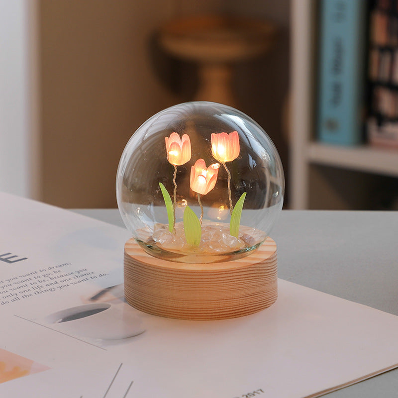 Flag Village Artificial Tulip Flower Night Light Ornaments Handmade DIY Bedside Lamp LED Night Lamp Bedroom Decor Birthday Gifts Table Lamp