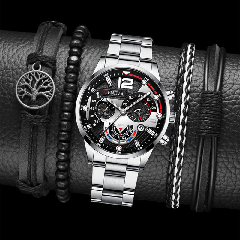 Flag Village 2pcs Men's New Popular Steel Strip Fashion Business Three Eye Quartz Watch Bracelet Set Valentine's Day Gifts