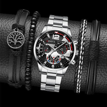Flag Village 2pcs Men's New Popular Steel Strip Fashion Business Three Eye Quartz Watch Bracelet Set Valentine's Day Gifts