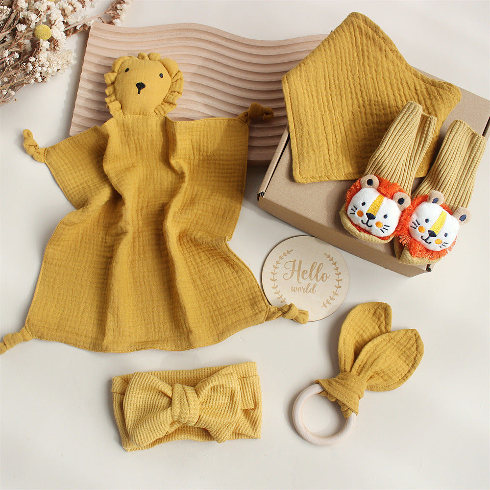 Flag Village Baby Rabbit Lion Appeasing Towel Socks Saliva Towel Wash Gift Box Newborn Bite Ring Hair Band Set