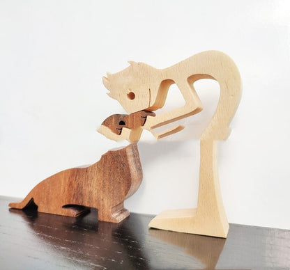 Flag Village DIY Figurine Wood Dog Ornament Sculpture Home Decoration A Man A Dog Wood Sculpture Christmas Gifts Model Decor