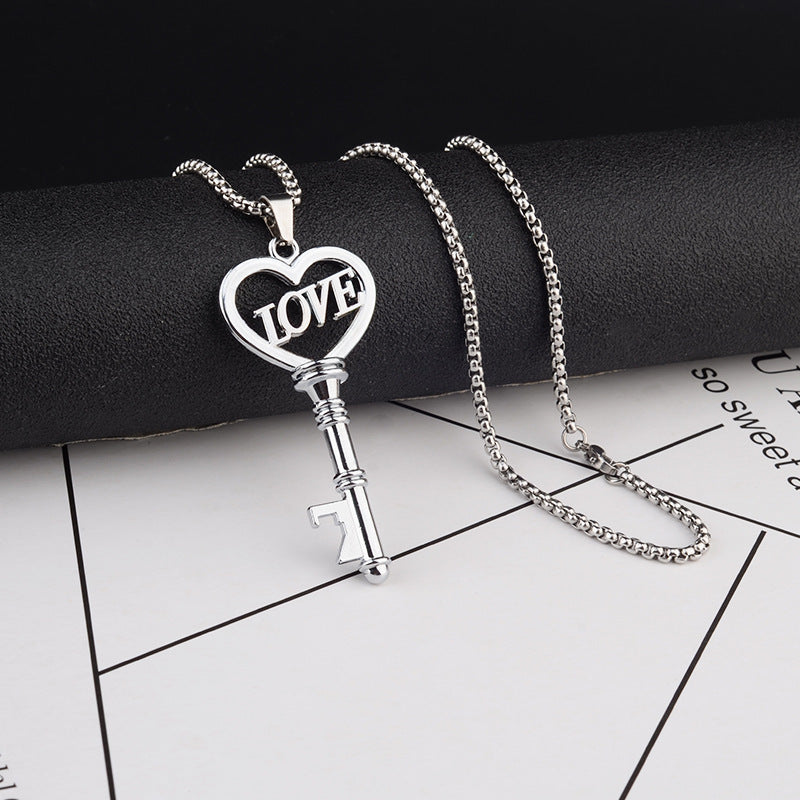 Flag Village Stainless Steel Necklaces Sweet Heart Key Pendants Choker Chain Korean Fashion Jewelry For Women Jewelry Gifts
