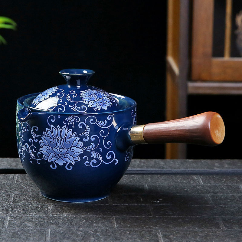 Flag Village Ceramic Teapot With Wooden Handle Side-handle Pot Household Kung Fu Oolong Filter Tea Maker Creative Black Pottery Teaware Gifts