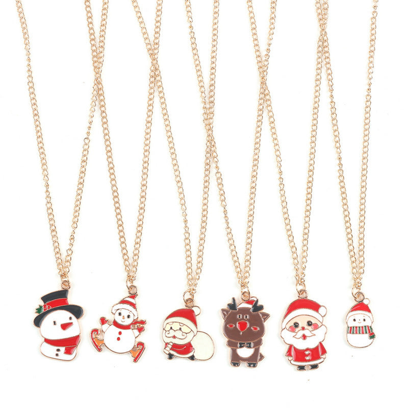 Flag Village Christmas Necklace Cute Cartoon Santa Claus Snowman Elk Pendant Necklace Xmas New Year Festival Ear Jewelry Gifts