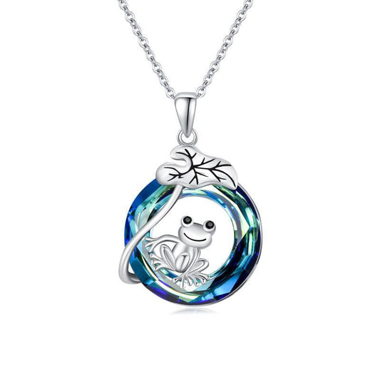 Flag Village 925 Sterling Silver Frog Lotus Leaf Necklace with Circle Crystal Pendant Cute Animal Jewelry Gifts