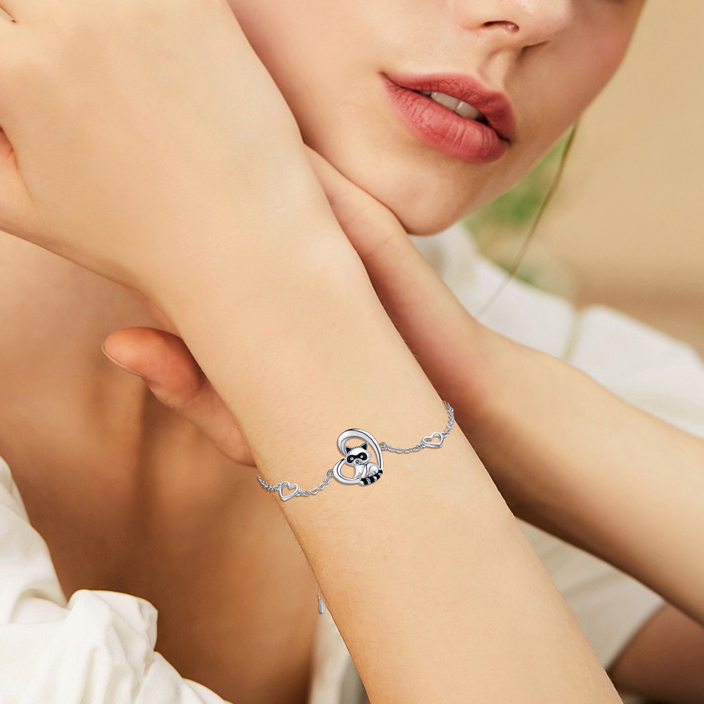 Flag Village 925 Sterling Silver Heart Charm Raccoon Bracelet Animal Jewelry Gifts For Women Girls Teen
