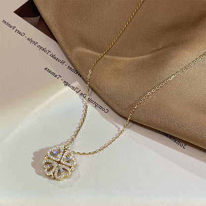 Flag Village Retro Magnetic Folding Heart Shaped Four Leaf Clover Pendant Necklace Women Love Clavicle Chain Gifts Openable Choker Jewelry