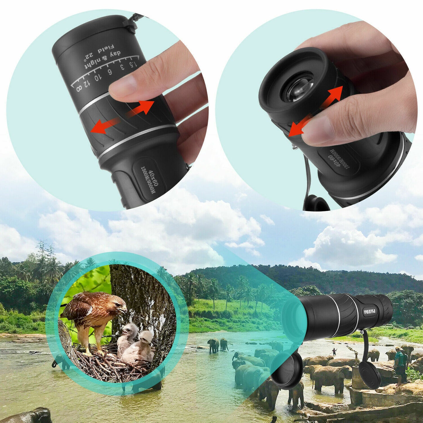 Flag Village 40x60 Day Night Vision HD Optical Monocular Hunting Camping Handheld Telescope Life Waterproof, Anti-Fog Monocular Suitable For Observing Nature Animals
