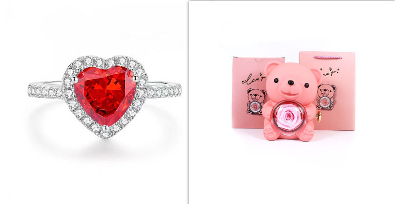 Flag Village Eternal Rose Teddy Bear Gifts Box With Necklace Rotate Rose Jewelry Box Valentine Wedding Storage Gift Case For Women Girlfriend
