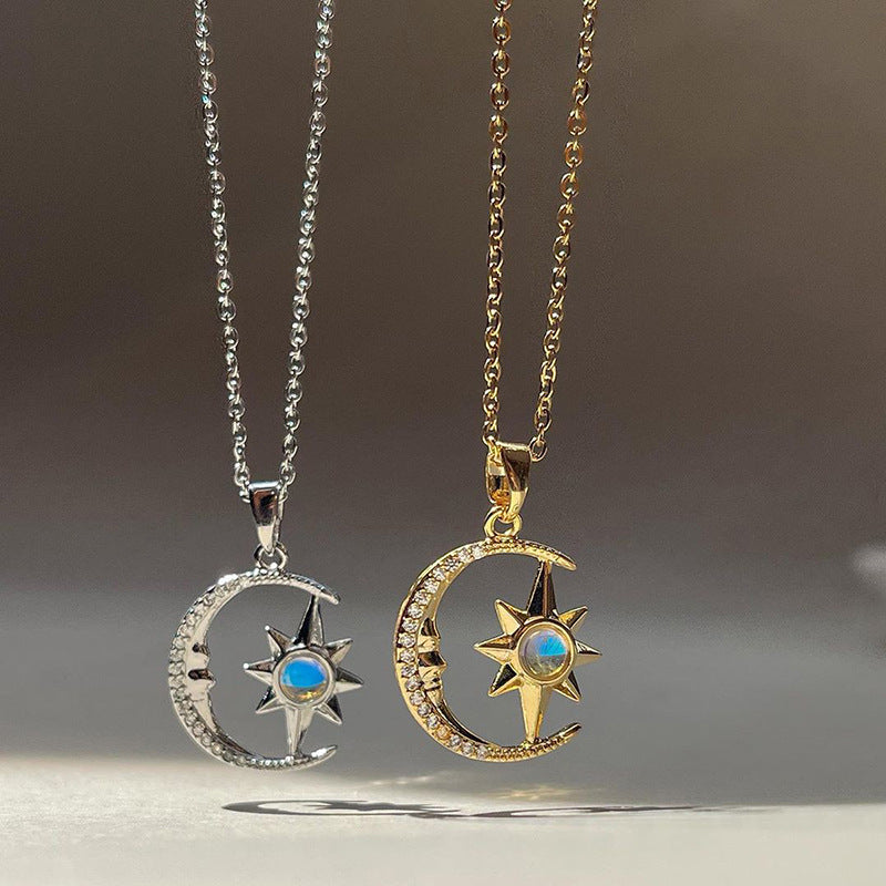Flag Village Fashion Jewelry Fashion Moon Star Zircon Pendant Necklace Stainless Steel Light Luxury Choker Jewelry Party Gifts For Women Girls