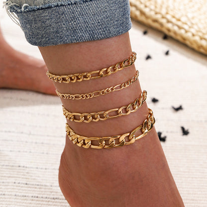 Flag Village 5 Pcs Women Fashion Gold Color Heart Crystal Key Anklets For Women Trendy Snake Chain Anklets For Women Foot Jewelry Gifts