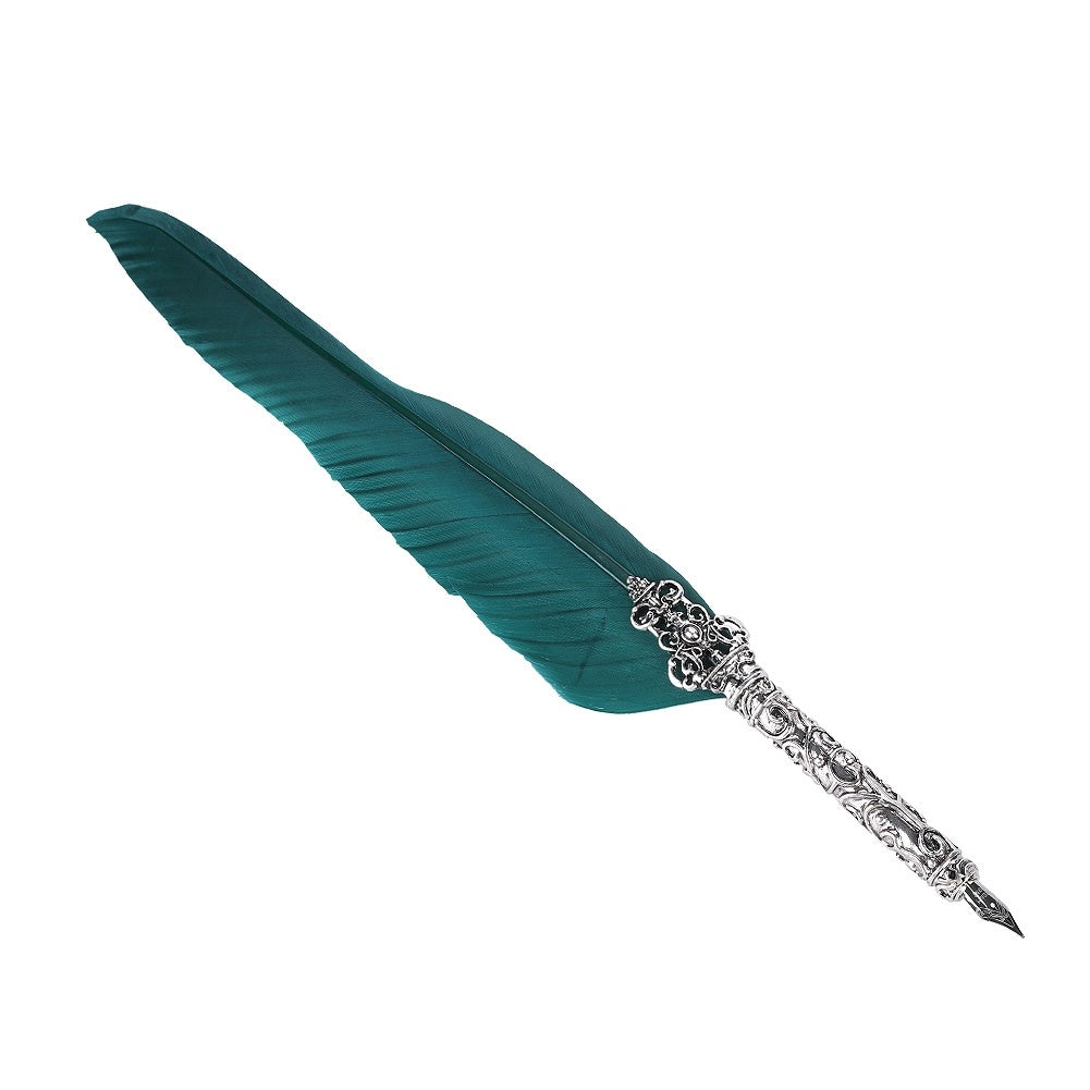 Retro Quill Feather Writing Pen Gift Box with Empty Ink Bottle Quill Set for Teacher Ink Green