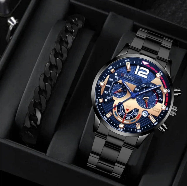 Flag Village 2pcs Men's New Popular Steel Strip Fashion Business Three Eye Quartz Watch Bracelet Set Valentine's Day Gifts