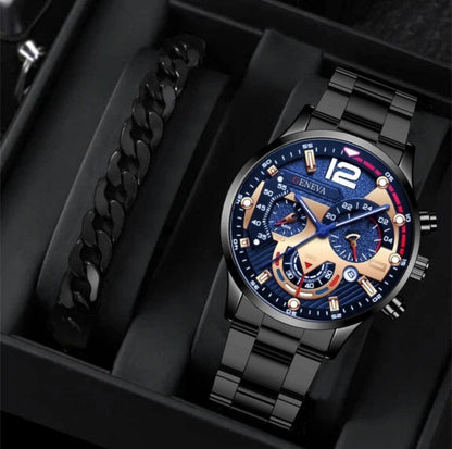 Flag Village 2pcs Men's New Popular Steel Strip Fashion Business Three Eye Quartz Watch Bracelet Set Valentine's Day Gifts